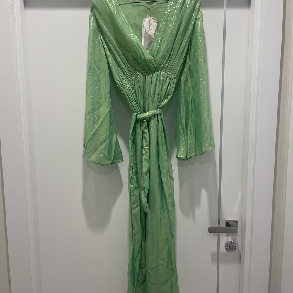 Shimmering Light Green Wrap Maxi Dress with Tie Waist